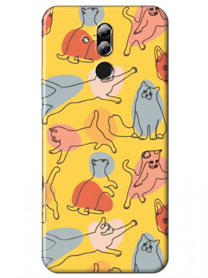 Huawei Mate 20 Lite Kedi Figürleri Sarı Telefon Kılıfı