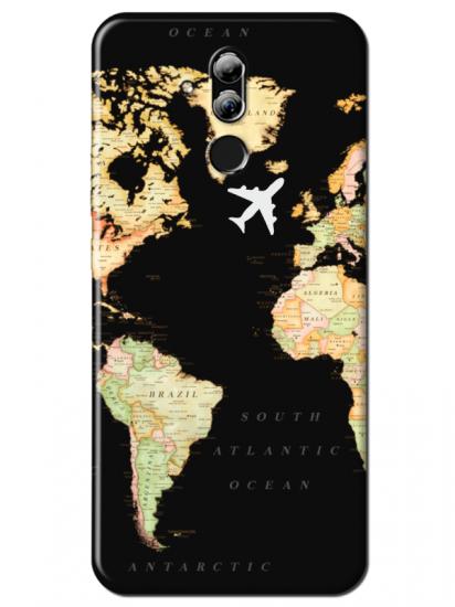 Huawei Mate 20 Lite Dünya Haritalı Siyah Telefon Kılıfı