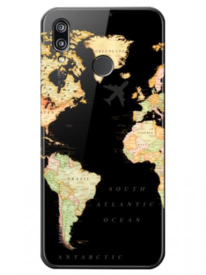 Huawei P20 Lite Dünya Haritalı Şeffaf Telefon Kılıfı