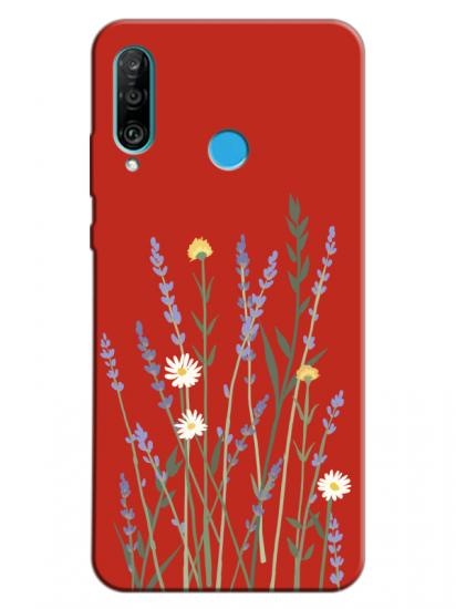 Huawei P30 Lite Lavanta Desenli Kırmızı Telefon Kılıfı