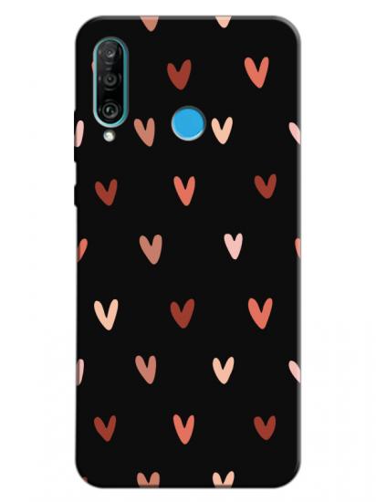 Huawei P30 Lite Kalp Desen Siyah Telefon Kılıfı