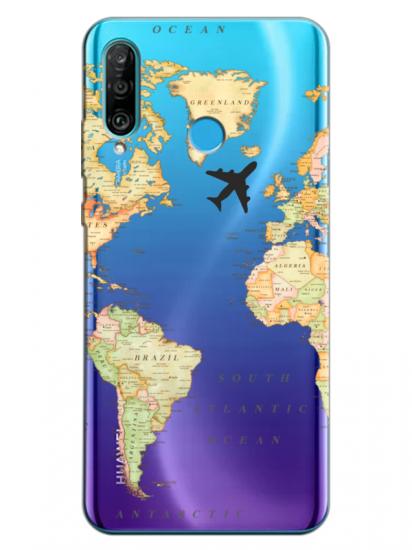 Huawei P30 Lite Dünya Haritalı Şeffaf Telefon Kılıfı