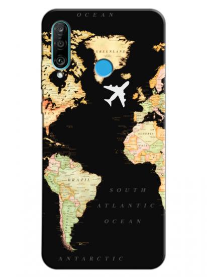 Huawei P30 Lite Dünya Haritalı Siyah Telefon Kılıfı