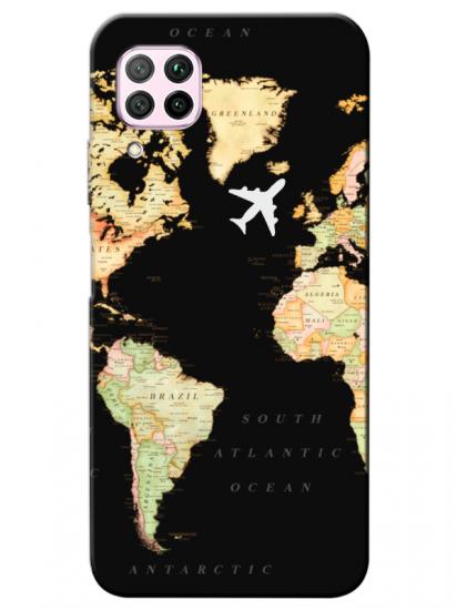 Huawei P40 Lite Dünya Haritalı Siyah Telefon Kılıfı