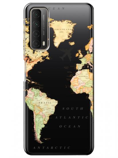 Huawei P Smart 2021 Dünya Haritalı Şeffaf Telefon Kılıfı