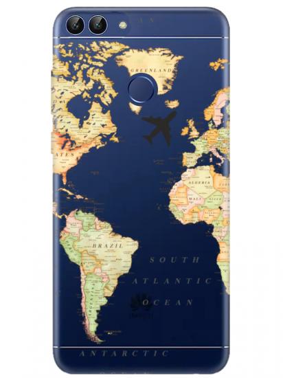 Huawei P Smart Dünya Haritalı Şeffaf Telefon Kılıfı