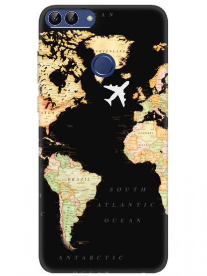 Huawei P Smart Dünya Haritalı Siyah Telefon Kılıfı