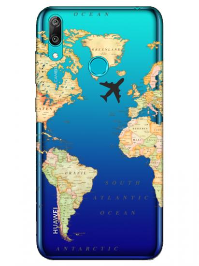 Huawei Y7 2019 Dünya Haritalı Şeffaf Telefon Kılıfı
