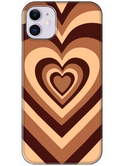 iPhone 11 Estetik Kalp Kahverengi Pembe Telefon Kılıfı