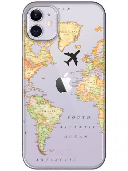 iPhone 11 Dünya Haritalı Şeffaf Telefon Kılıfı