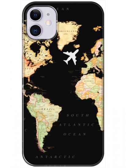 iPhone 11 Dünya Haritalı Siyah Telefon Kılıfı