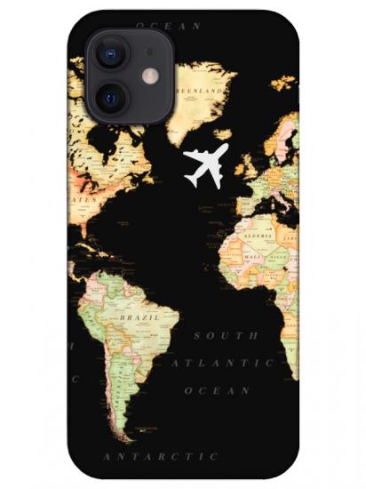 iPhone 12 Dünya Haritalı Siyah Telefon Kılıfı