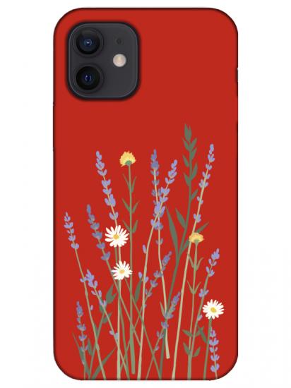 iPhone 12 Mini Lavanta Desenli Kırmızı Telefon Kılıfı