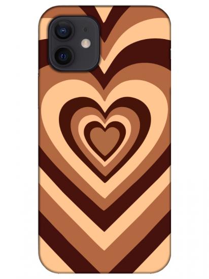 iPhone 12 Mini Estetik Kalp Kahverengi Pembe Telefon Kılıfı