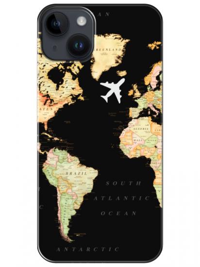 iPhone 14 Dünya Haritalı Siyah Telefon Kılıfı