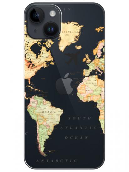iPhone 14 Plus Dünya Haritalı Şeffaf Telefon Kılıfı
