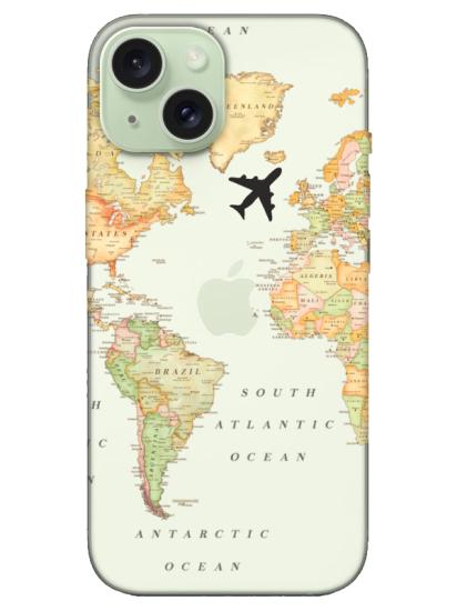 iPhone 15 Plus Dünya Haritalı Şeffaf Telefon Kılıfı