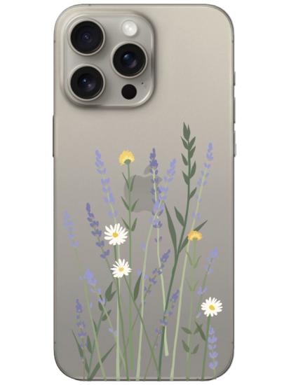 iPhone 15 Pro Max Lavanta Desenli Şeffaf Telefon Kılıfı