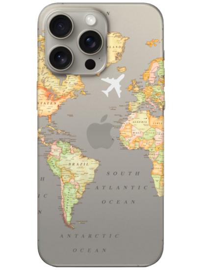 iPhone 15 Pro Dünya Haritalı Şeffaf Telefon Kılıfı