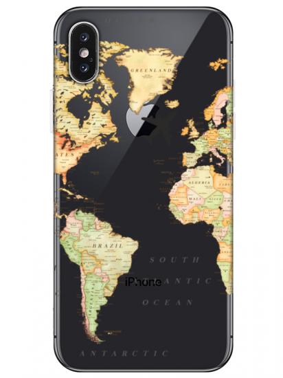 iPhone XS Dünya Haritalı Şeffaf Telefon Kılıfı