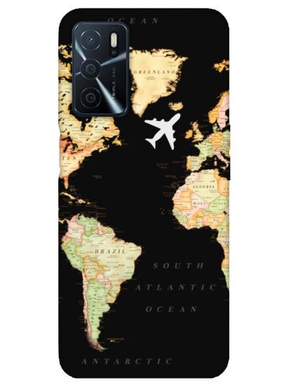 Oppo A16 Dünya Haritalı Siyah Telefon Kılıfı