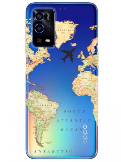 Oppo A55 Dünya Haritalı Şeffaf Telefon Kılıfı