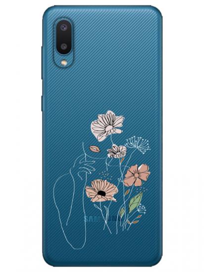 Samsung A02 Kadın Çiçek Şeffaf Telefon Kılıfı