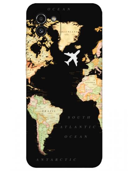Samsung A03 Dünya Haritalı Siyah Telefon Kılıfı