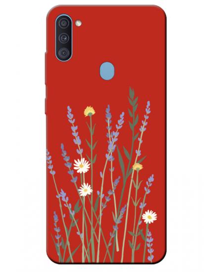 Samsung A11 Lavanta Desenli Kırmızı Telefon Kılıfı