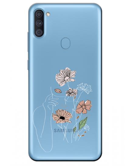 Samsung A11 Kadın Çiçek Şeffaf Telefon Kılıfı