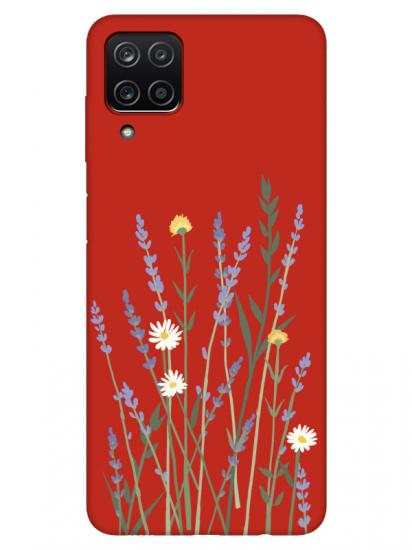 Samsung A12 Lavanta Desenli Kırmızı Telefon Kılıfı