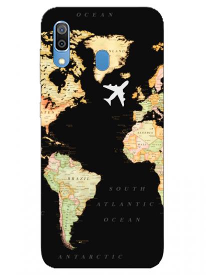 Samsung A20 Dünya Haritalı Siyah Telefon Kılıfı