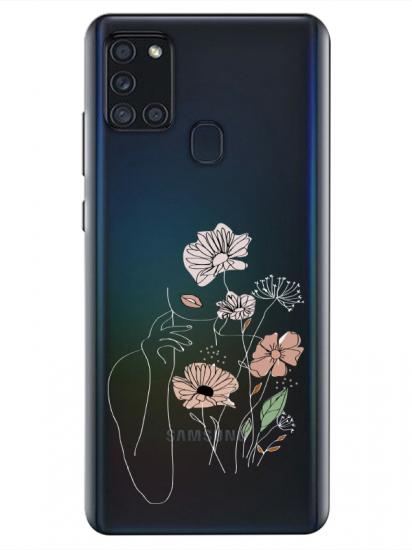 Samsung A21s Kadın Çiçek Şeffaf Telefon Kılıfı