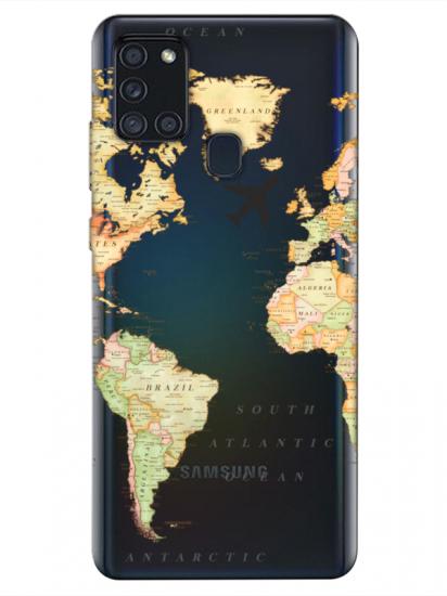 Samsung A21s Dünya Haritalı Şeffaf Telefon Kılıfı