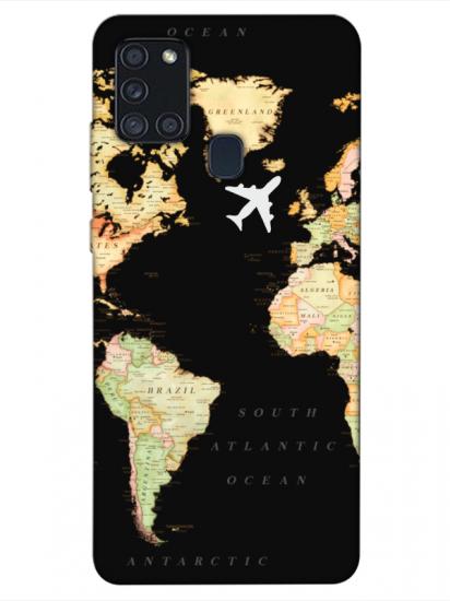 Samsung A21s Dünya Haritalı Siyah Telefon Kılıfı