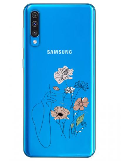 Samsung A50 Kadın Çiçek Şeffaf Telefon Kılıfı