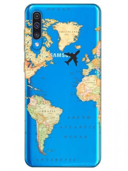 Samsung A50 Dünya Haritalı Şeffaf Telefon Kılıfı