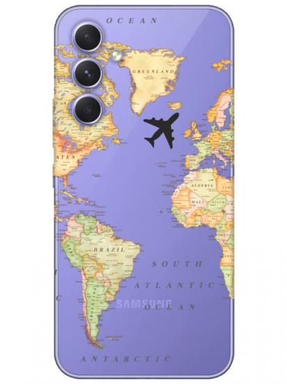 Samsung A54 Dünya Haritalı Şeffaf Telefon Kılıfı