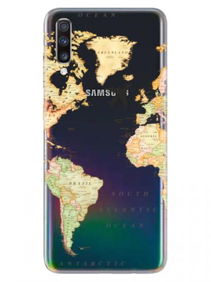 Samsung A70 Dünya Haritalı Şeffaf Telefon Kılıfı