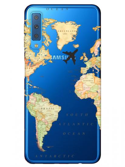 Samsung A7 2018 Dünya Haritalı Şeffaf Telefon Kılıfı