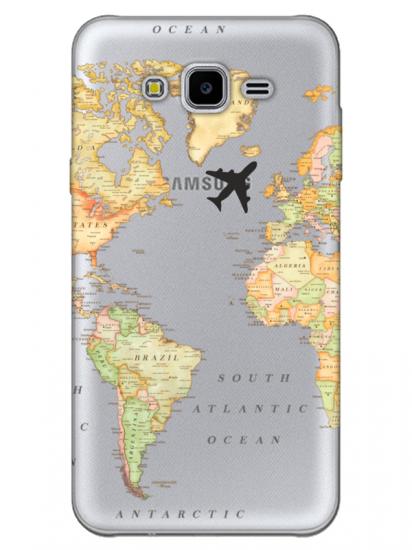 Samsung J7 Dünya Haritalı Şeffaf Telefon Kılıfı