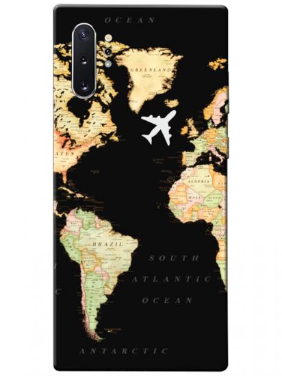 Samsung Note 10 Plus Dünya Haritalı Siyah Telefon Kılıfı