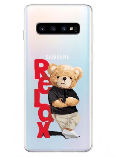 Samsung S10 Teddy Bear Relax Şeffaf Telefon Kılıfı