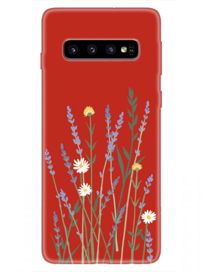 Samsung S10 Lavanta Desenli Kırmızı Telefon Kılıfı