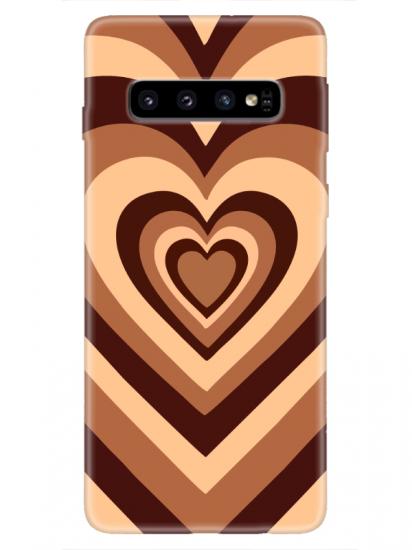 Samsung S10 Estetik Kalp Kahverengi Pembe Telefon Kılıfı