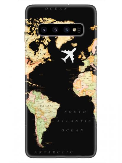 Samsung S10 Dünya Haritalı Siyah Telefon Kılıfı