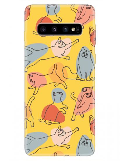 Samsung S10 Plus Kedi Figürleri Sarı Telefon Kılıfı