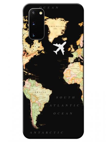 Samsung S20 Dünya Haritalı Siyah Telefon Kılıfı
