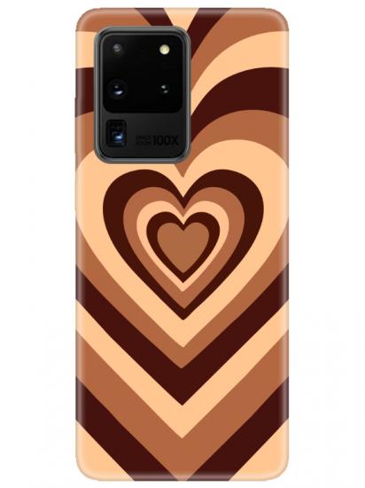 Samsung S20 Ultra Estetik Kalp Kahverengi Pembe Telefon Kılıfı