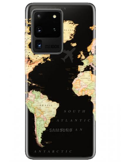 Samsung S20 Ultra Dünya Haritalı Şeffaf Telefon Kılıfı